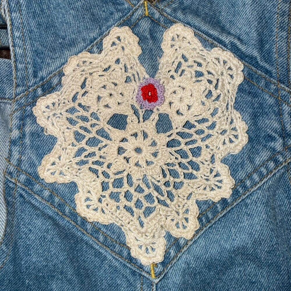 Vintage Y2K denim overall shorts with lace trim crochet romantic cottage core - Picture 5 of 6